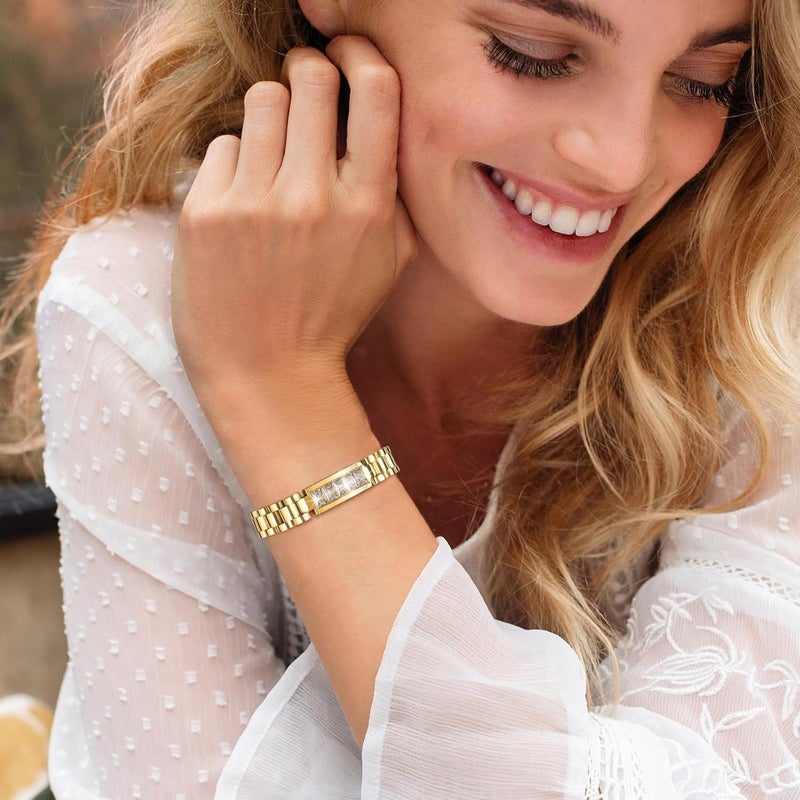 MPRAINBOW 2pcs 18K Gold Plated Chain Link Bracelet, Stainless Steel Crystal Friendship Bracelets Bangle,Watch Band Chains Wristband Jewelry with Adjust Tool - Image 2